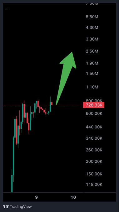 A TradingView candlestick chart shows a price currently at $728.33K, with a green arrow pointing upward toward higher targets including $1.90M, $2.50M, and $5.50M—illustrating the post's "$5M > $10M" bullish projection from the current sub-$1M market cap.