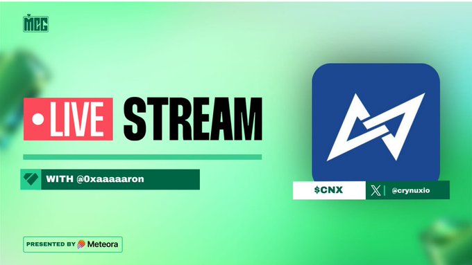 A promotional graphic for a live stream hosted by "@0xaaaaaron" and presented by "Meteora," featuring the MEG logo and the $CNX ticker alongside the X (Twitter) handle "@crywuxio." The image relates to the post by announcing an upcoming live discussion on building decentralized AI beyond just GPU infrastructure, with the stream starting in 20 minutes.
