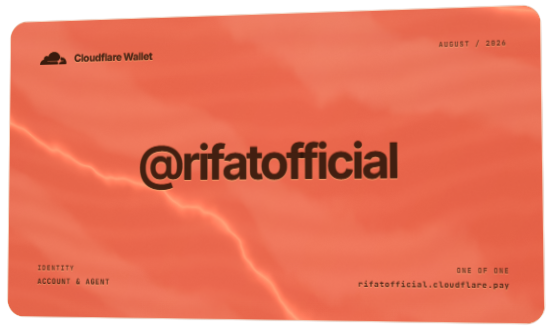 An orange Cloudflare Wallet identity card dated August 2026 displaying the handle '@rifatofficial' with 'IDENTITY ACCOUNT & AGENT' and the URL 'rifatofficial.cloudflare.pay'.
