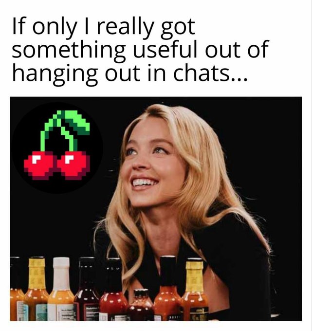 Meme featuring Sydney Sweeney smiling at a row of hot sauce bottles with a pixelated cherries emoji in the corner, captioned 'If only I really got something useful out of hanging out in chats...'