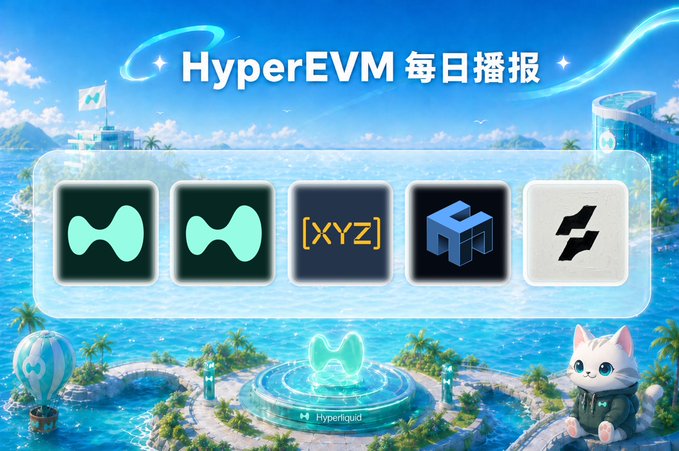 A promotional graphic titled 'HyperEVM 每日播报' featuring the Hyperliquid logo on a tropical island background, with icons for HYPE, xyz, and other projects displayed in the center.
