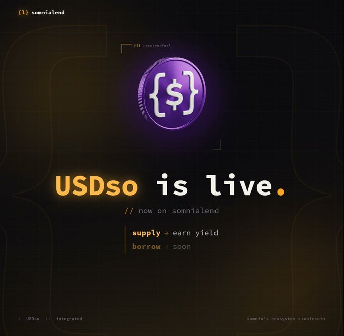 Promotional graphic for Somnialend announcing 'USDso is live' — Somnia's ecosystem stablecoin, with a purple glowing coin icon and text reading 'supply → earn yield, borrow → soon'.