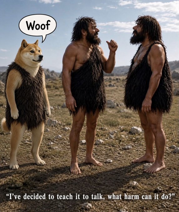 Humorous image showing a Shiba Inu dog in a fur tunic with a 'Woof' speech bubble standing next to two cavemen, captioned 'I've decided to teach it to talk, what harm can it do?'