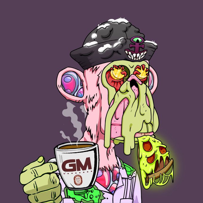 Cartoon illustration of a grotesque, zombie-like figure with melting green skin holding a steaming mug labeled 'GM'.