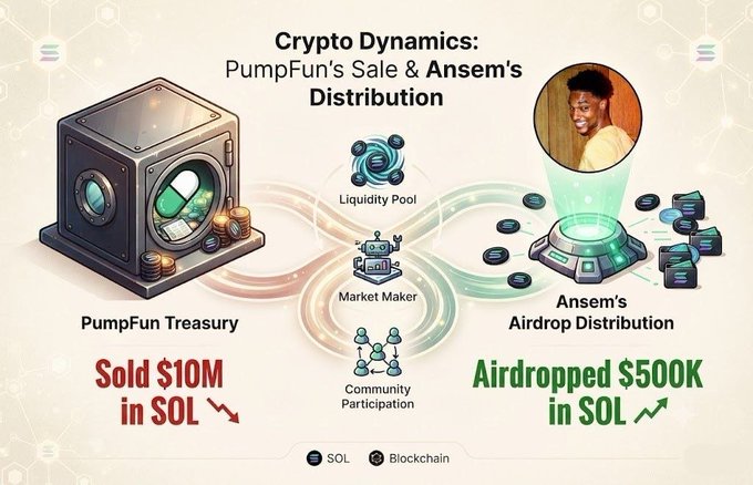 The image illustrates "Crypto Dynamics: PumpFun's Sale & Ansem's Distribution," showing PumpFun's Treasury having "Sold $10M in SOL" through mechanisms like a Liquidity Pool, Market Maker, and Community Participation, contrasted with "Ansem's Airdrop Distribution" which "Airdropped $500K in SOL"—visually highlighting the comparison mentioned in the post between PumpFun's large SOL revenue generation and Ansem's (blknoiz06) SOL airdrop to $ANSEM holders and CT community members.