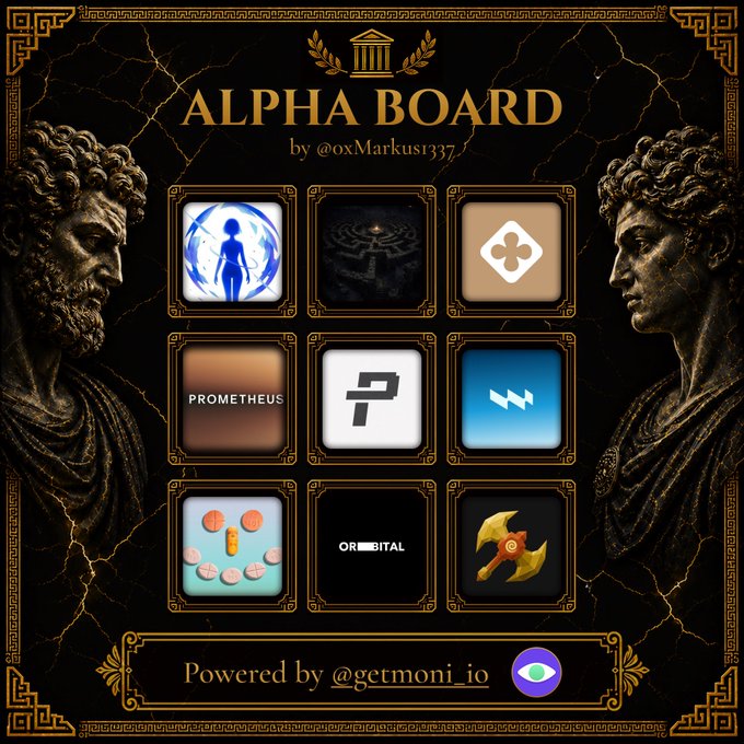 The image features a poster for an Alpha Board game, which has a black background with gold accents. The poster displays various logos and icons related to different projects or games, such as Trump making peace with everyone, Jensen Huang showing us the robots that will conquer the world, and you still need to make some money. The text on the poster includes the names of these projects and the game's title "Alpha Board".