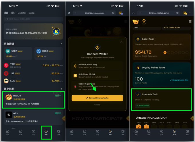 The Binance Wallet interface shows a "RealGo" task where users can share 15,000,000 RT tokens and has already completed the daily check-in task for the "Check-in Task".