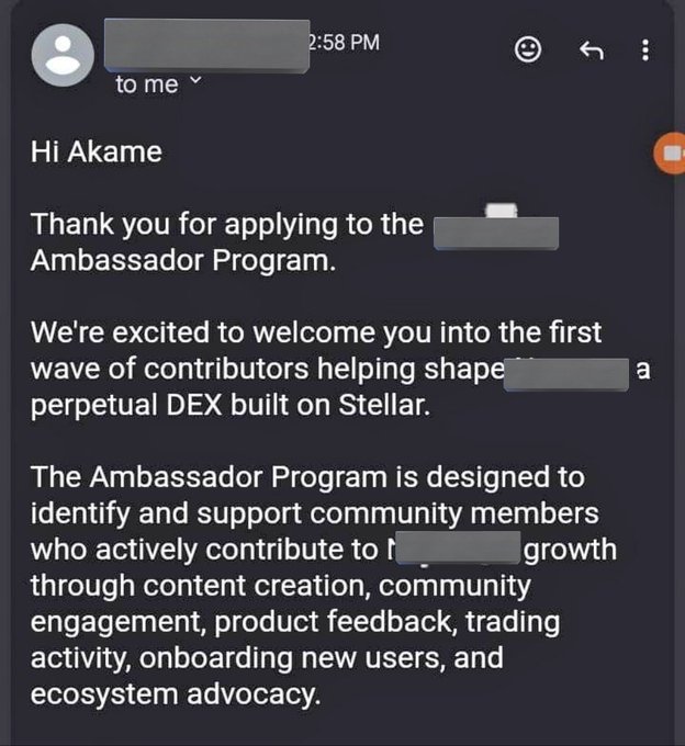 The image shows a black text message from an individual named "Aakame", who has sent a message to another person named "Me" expressing their gratitude for being part of the Ambassador Program. The message also mentions that they are excited about the first wave of contributors and how it is designed to help shape a new user on Stellar.