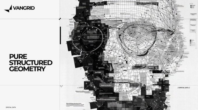 Graphic design by VanGrid featuring the text 'PURE STRUCTURED GEOMETRY' alongside a complex black-and-white wireframe and data overlay visualization labeled 'SPATIAL DATA'.
