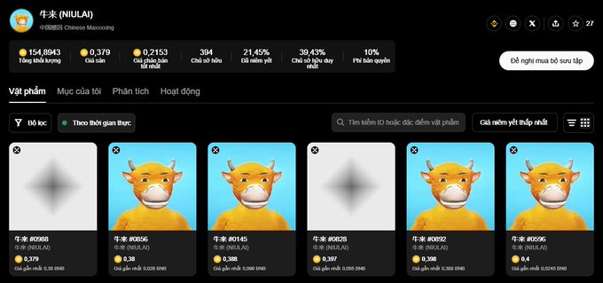 A screenshot of an NFT marketplace page for a collection called '牛來 (NIULAI)' with a Chinese Zodiac theme, showing token ID #6688 priced at 0.379, 304 holders, and 21.45% rarity rank, with several bull-themed NFT thumbnails displayed below.