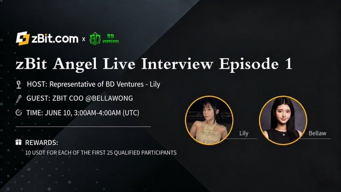 A black background with white text that reads "zBit Angle Live Interview Episode 1! zBit @zBitOfficial zBit ( zBit.com) is a global cryptocurrency exchange built to make crypto trading simple & accessible for beginners". The image includes two female models and an informational title that matches the content of the post.
