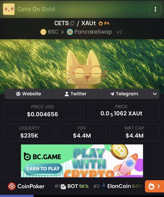 A cryptocurrency tracking screenshot displays the token "CETS" (Cets On Gold) paired with "XAU" on PancakeSwap V2 via BSC, showing key metrics including a price of $0.004656, liquidity of $235K, FDV of $4.4M, and market cap of $4.4M. The image supports the post's bullish claim that $CETS has reached a $4.4M valuation, validating the user's optimism about buying the dip below $2M market cap.