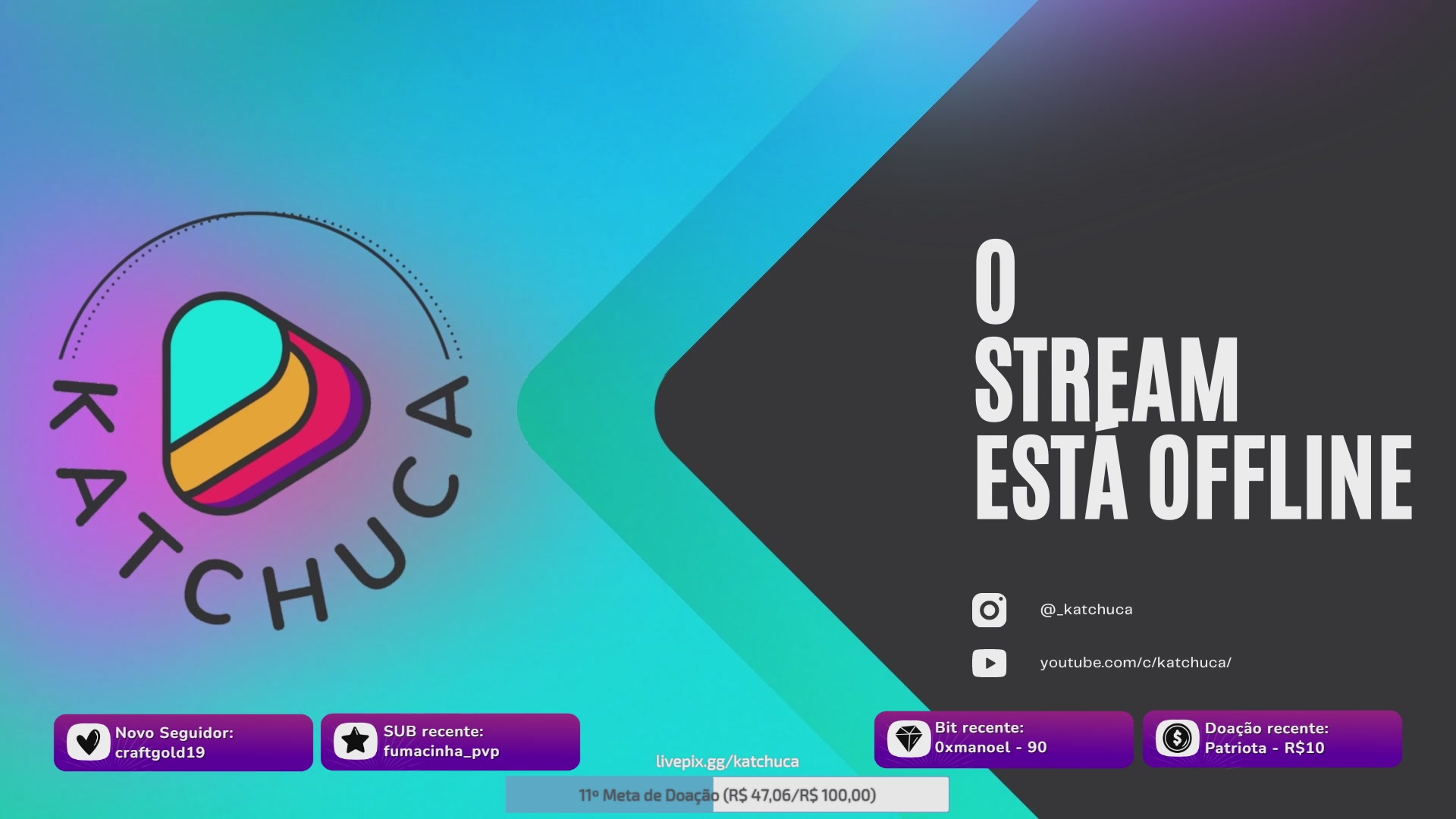 The image features a poster for a streaming platform called Katchuca. The poster has a blue background, purple border, and a triangle shape with three colors - pink, green, and yellow. The text on the poster reads "0 Stream Esta Offline", indicating that the platform is available for streaming. There are also several social media icons present in the image, including a star icon to the left of the title and a thumbs up icon below it.