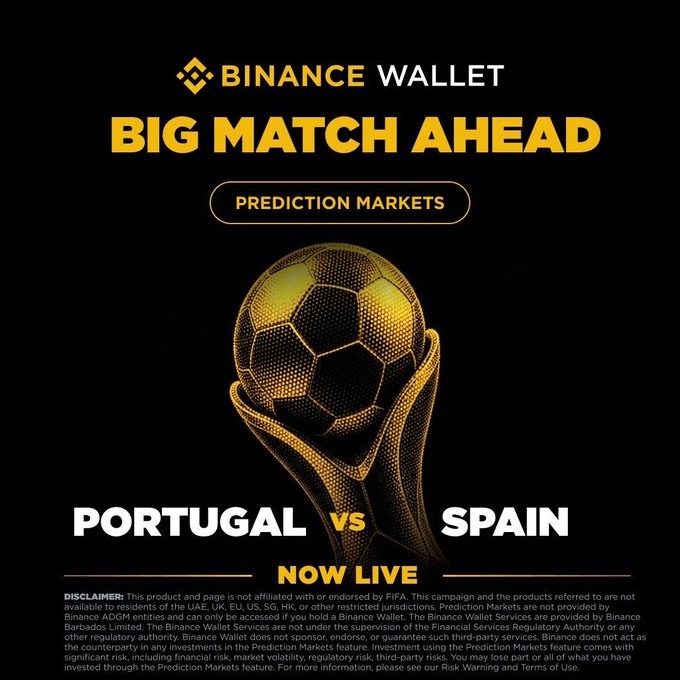 Binance Wallet promotional graphic for a Portugal vs Spain prediction market, featuring a gold World Cup-style trophy and soccer ball against a black background, with "BIG MATCH AHEAD," "PREDICTION MARKETS," and "NOW LIVE" text alongside a disclaimer noting the product is not affiliated with FIFA.