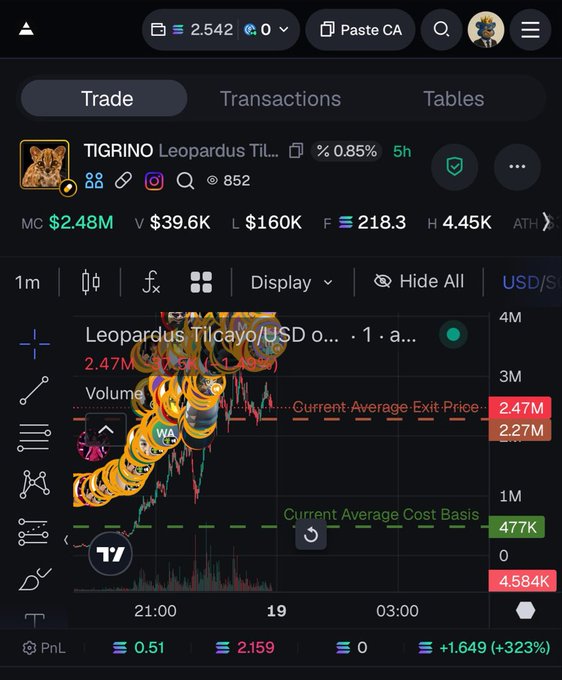 A trading interface showing the TIGRINO Leopardus Tilcayo token with a market cap of $2.48M, featuring a price chart overlaid with leopard emojis and showing +323% profit.