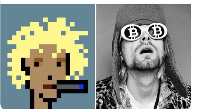 A side-by-side comparison showing a pixelated blonde character smoking a cigar on the left and a black-and-white photo of a man in a hoodie wearing Bitcoin-logo sunglasses on the right.