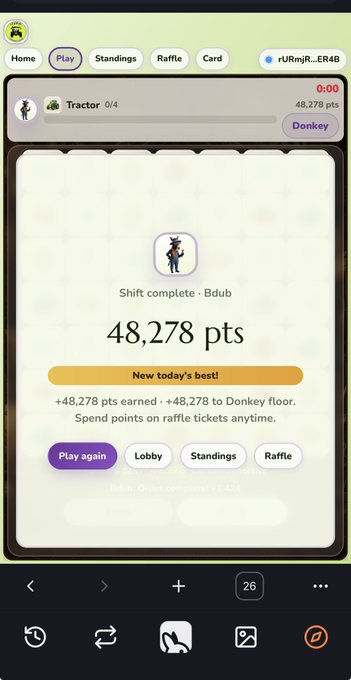 A mobile app screen showing a game result of '48,278 pts' with a 'New today's best!' banner, featuring 'Play again,' 'Lobby,' 'Standings,' and 'Raffle' buttons, with the username 'rURmJR_ER4B' visible.