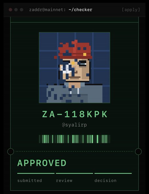 A digital pixel art approval card displayed in a terminal-style window titled 'zaddr@mainnet: ~/checker', featuring a character with a red beanie and the ID 'ZA-118KPK' (@syalirp) marked as 'APPROVED' across submitted, review, and decision stages.