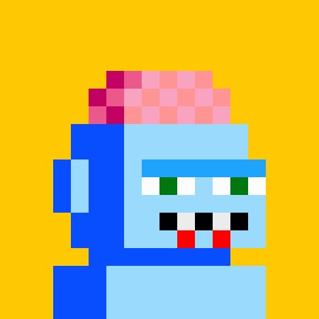 A pixel art blue character with pink hair on top, green eyes, and a red mouth detail, set against a yellow background.