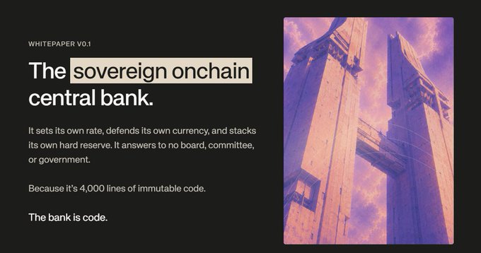 A whitepaper cover titled "WHITEPAPER V0.1" introduces "The sovereign onchain central bank," describing it as 4,000 lines of immutable code that sets its own rate and hard reserve without oversight—paired with a surreal image of towering, inverted skyscrapers against a purple-pink sky, visually evoking the ambitious, otherworldly concept of a decentralized financial institution built around the $STANDARD token.