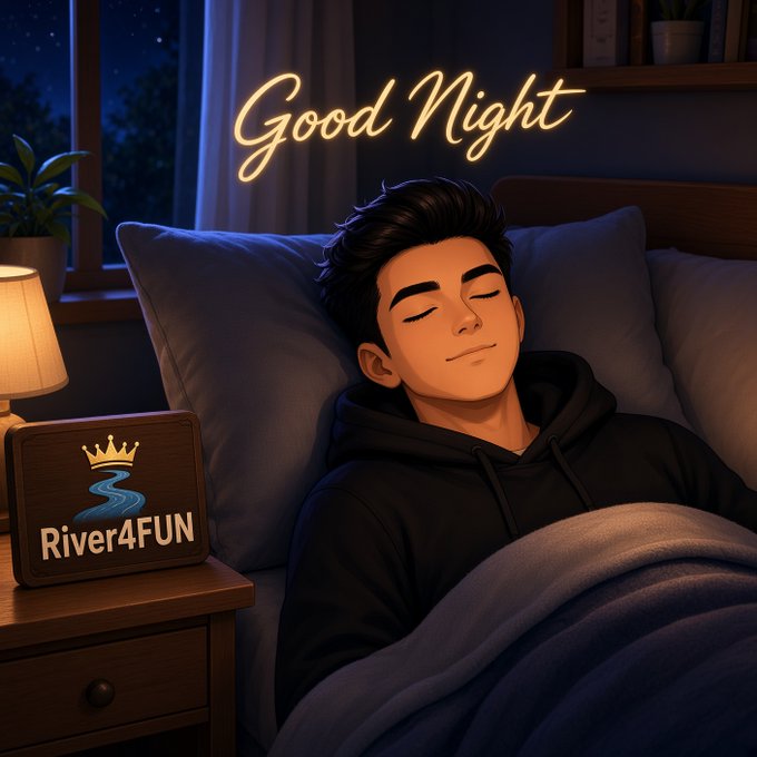 An illustrated 'Good Night' scene featuring a young man sleeping peacefully in bed under a glowing neon sign, with a 'River4FUN' wooden plaque on the nightstand.