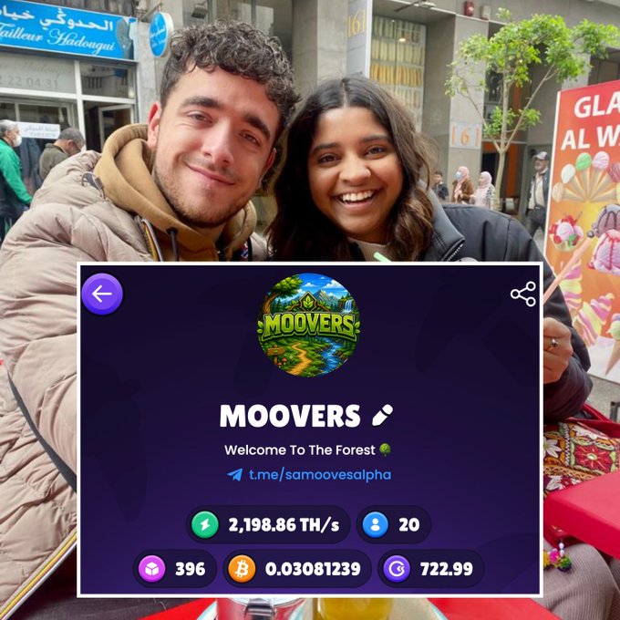 A photo of a smiling couple with an overlay showing a 'MOOVERS' cryptocurrency project page featuring 'Welcome To The Forest' and a Telegram link t.me/samoovesalpha.