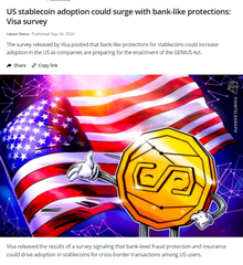 A Vista survey report titled "US stablecoin adoption could surge with bank-like protections: Vista survey" featuring a gold crypto coin wrapped in an American flag.