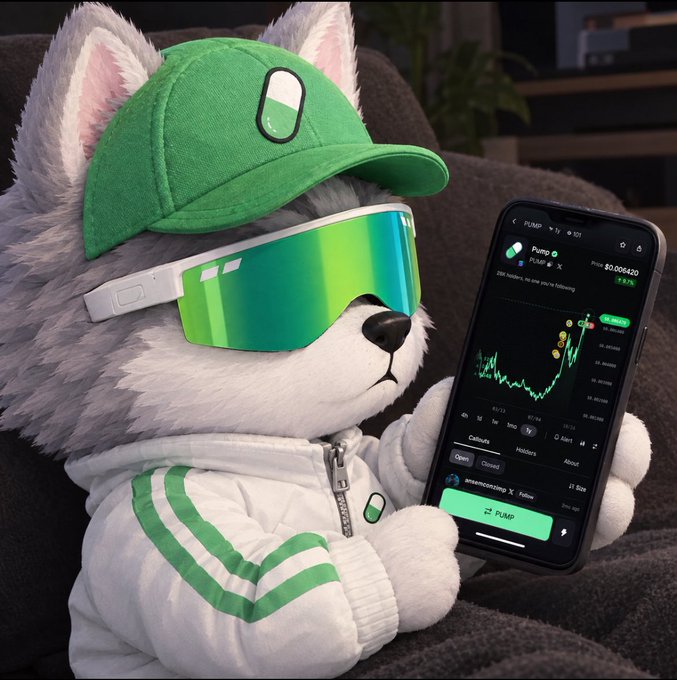 A fluffy mascot character wearing a green cap and reflective green visor, holding a smartphone displaying a 'Pump' token chart at $0.006420 with a green upward trend.