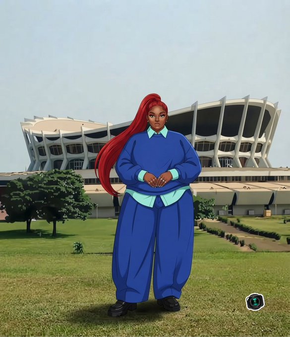 An animated illustration features a woman with a long red ponytail in an oversized blue tracksuit standing on a lawn in front of a large stadium, with a 'T' logo in the corner.