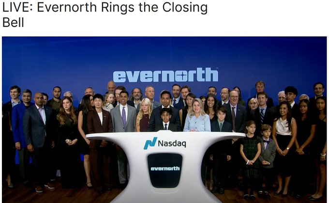 A news image showing Evernorth company employees and executives standing behind a Nasdaq closing bell podium, titled 'LIVE: Evernorth Rings the Closing Bell'.