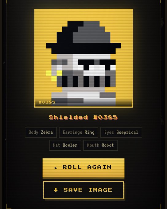 A pixel art NFT character profile labeled 'Shielded #0385' with traits Body Zebra, Earrings Ring, Eyes Sceptrical, Hat Bowler, and Mouth Robot, featuring 'ROLL AGAIN' and 'SAVE IMAGE' buttons.