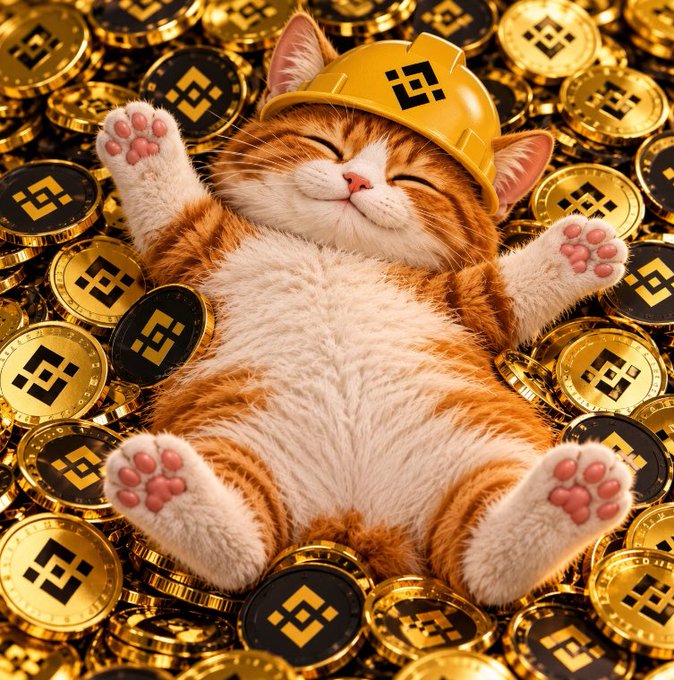 An orange and white cat wearing a Binance hard hat, sleeping contentedly on a pile of gold Binance coins.