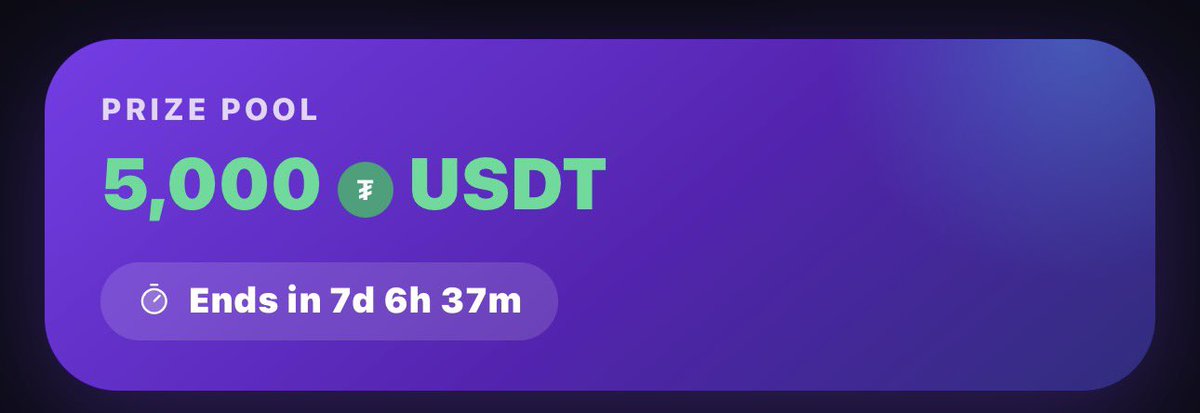 A purple gradient banner displaying "PRIZE POOL 5,000 USDT" with a countdown timer reading "Ends in 7d 6h 37m."