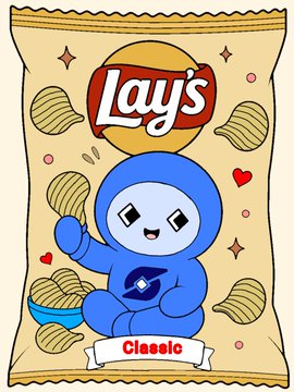 A cartoon illustration of a blue mascot character on a Lay's potato chip bag design with the text 'Claeslo' at the bottom.