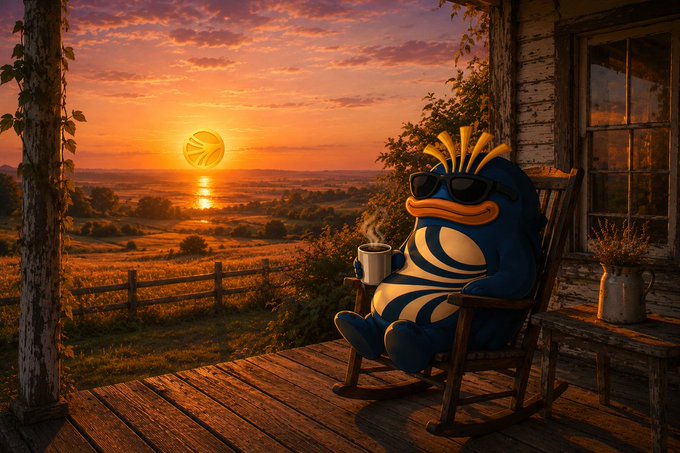 A digital illustration of a blue cartoon mascot wearing sunglasses, sitting on a wooden porch holding a coffee mug while watching a sunset over a countryside landscape.