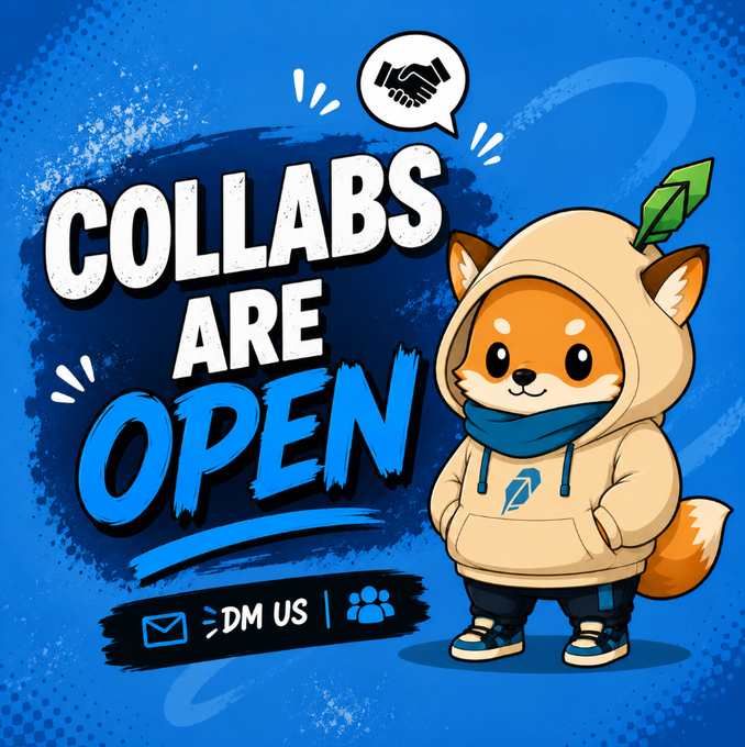 A cartoon fox mascot wearing a hoodie and scarf stands beside bold text reading "COLLABS ARE OPEN" with a handshake icon above and a "DM US" call-to-action below, visually promoting the Hoodzi collaboration announcement. The blue-toned graphic reinforces the "Let's bring the Hood together" message by inviting direct messages for partnership opportunities.