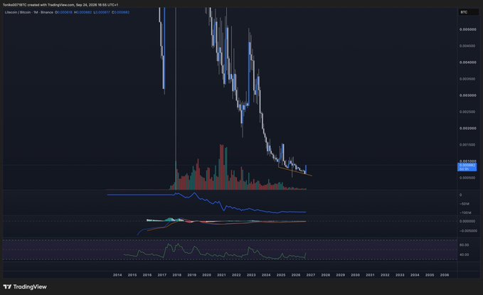 A TradingView weekly chart of Litecoin (LTC) priced against Bitcoin (BTC) on Binance, sourced from TomDeB0TC, showing a prolonged downtrend from 2014 through 2026 with a massive bullish divergence forming near the bottom around 2024-2026, supporting the post's claim of LTC being poised for a significant rally similar to ZEC's 2026 Q4 breakout.