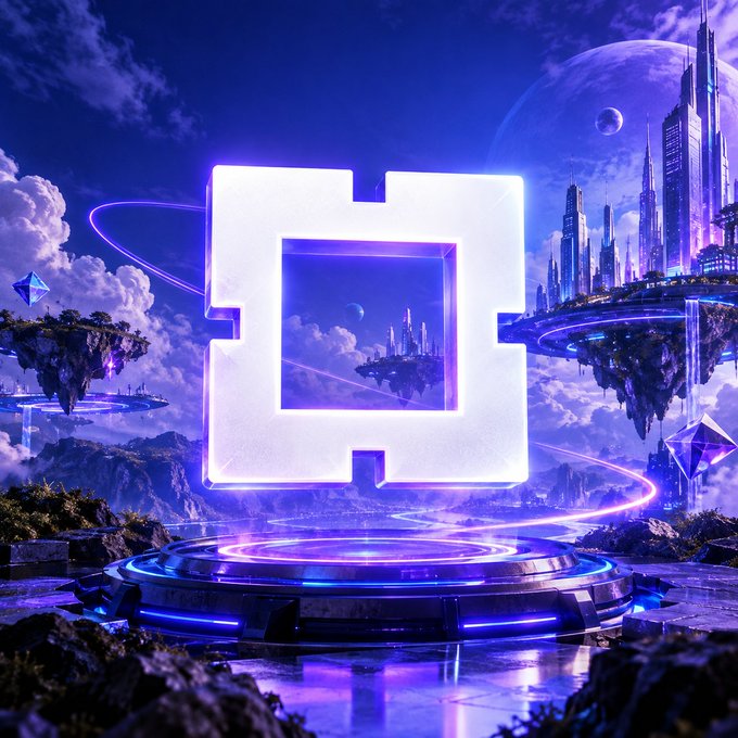 A futuristic, sci-fi landscape features a glowing, white, square-shaped symbol hovering above a circular platform with neon blue lights, set against a backdrop of floating islands, purple clouds, and distant futuristic skyscrapers.