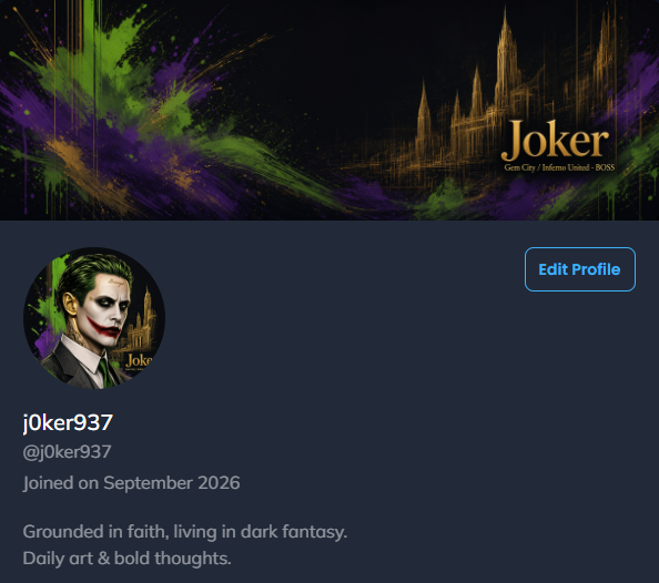 A Twitter/X-style profile page for 'j0ker937' (@j0ker937), featuring a Joker-themed banner labeled 'Joker - Gotham City / Infemo United - BOSS' and the bio: 'Grounded in faith, living in dark fantasy. Daily art & bold thoughts.'
