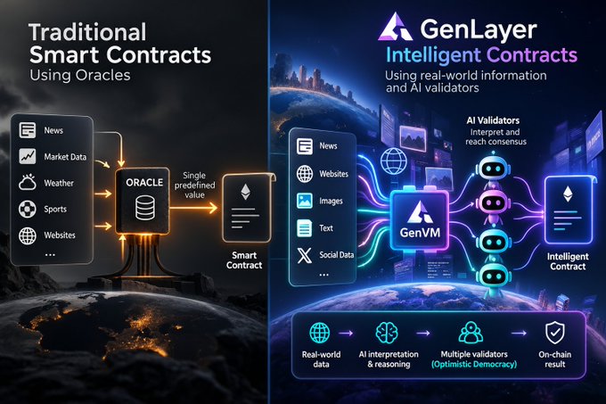 A comparison infographic contrasting Traditional Smart Contracts (using Oracles) with GenLayer Intelligent Contracts (using AI validators and GenVM) for processing real-world data.