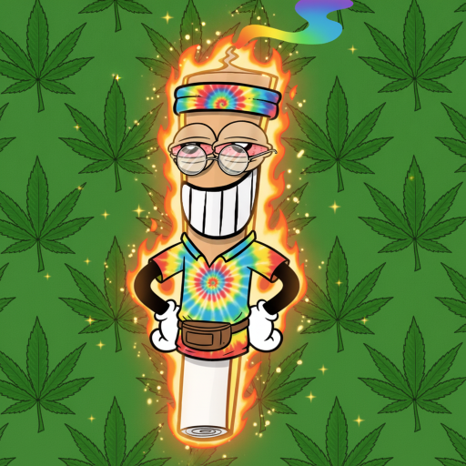 A cartoon illustration of an anthropomorphic joint/blunt wearing glasses, a tie-dye shirt, and a fanny pack, standing in front of a background filled with green cannabis leaves.