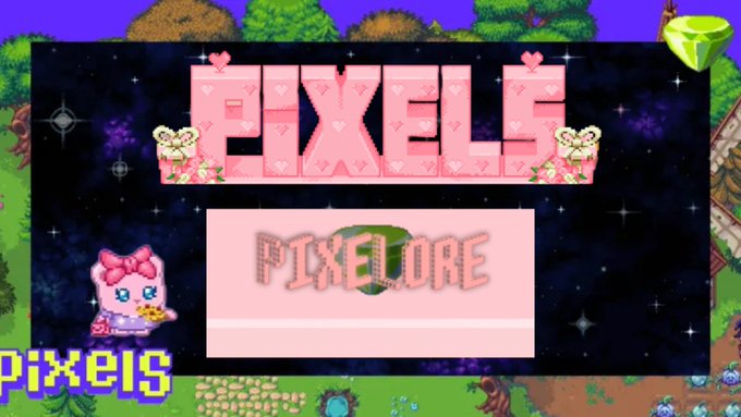 A pixel art style graphic displaying the text 'PIXELS' in large pink letters above a 'PIXELORE' logo, featuring small character sprites on a starry background.