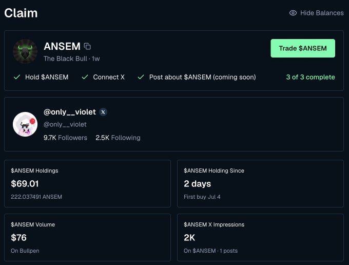 The image shows a Bullpen.fi profile dashboard for @only__violet, displaying their $ANSEM claim status with all 3 tasks completed (hold $ANSEM, connect X, post about $ANSEM), showing holdings of $69.01 (222.03 ANSEM tokens), volume of $76, and 2K X impressions—illustrating the user's point about needing to complete these specific steps to qualify for the InfoFi/AnsemFi program.