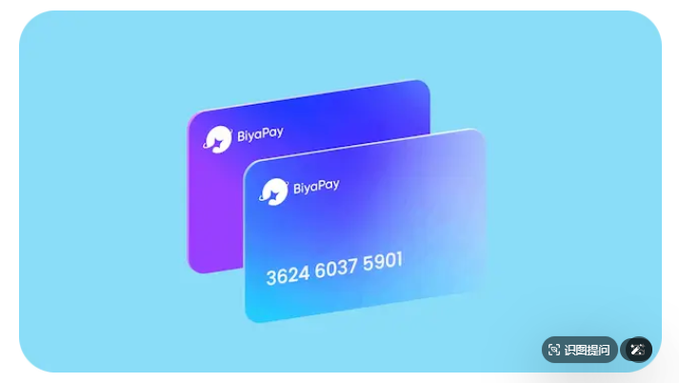 The image features two blue credit cards with white text, both displaying "BiyaPay" as their logo. The cards are placed side by side against a light blue background, creating a visually appealing contrast. The text "近美股波动这么大，很多朋友都开始把币圈资金和美股交易0佣金给安排上了" is written, indicating that the cards are related to BiyaPay and can be used for online transactions.

The image also includes a small amount of text in another language, which could potentially be an advertisement or promotional material about the credit card service.