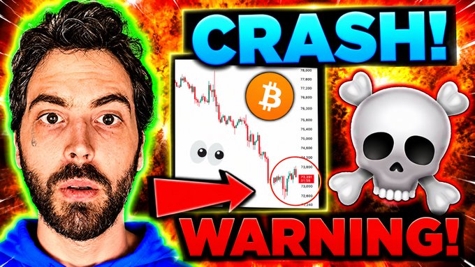 In this image, a man with a beard wearing blue is looking at a computer screen displaying an infographic warning about Bitcoin crashing. The infographic also includes a white skull and crossbones symbolizing the potential severity of the situation. In the background, there are two dollar signs representing the currency value. The phrase "Crash!" appears in red at the top while the word "WARNING!" is written below it in black. Additionally, an arrow pointing to "bitcoin" suggests that the crashing Bitcoin event could be imminent.