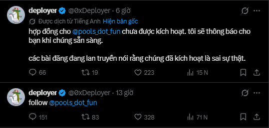 The image shows two tweets from @0xDeployer (with verification badge), where they note that the launchpad contract for @pools_dot_fun has not yet been activated and warn that posts claiming it has been launched are misinformation. The first tweet has 223 likes, 66 replies, and 15K views, while the second (posted 13 hours prior) simply reads "follow @pools_dot_fun" with 328 likes and 71K views—illustrating the launchpad landscape warned about in the post, where new platforms proliferate rapidly before their contracts are even live.