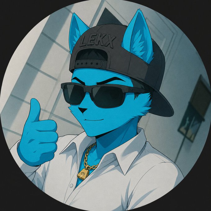 An anime-style avatar of a blue anthropomorphic cat wearing sunglasses, a backwards black cap labeled "LEKX," and a gold chain, giving a thumbs-up.