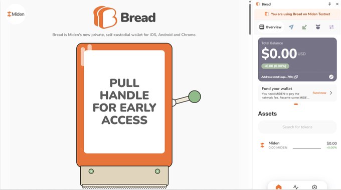 A promotional page for Bread, described as 'Miden's new private, self-custodial wallet for iOS, Android and Chrome,' featuring a pull-handle illustration for early access and a browser extension preview showing a $0.00 balance.