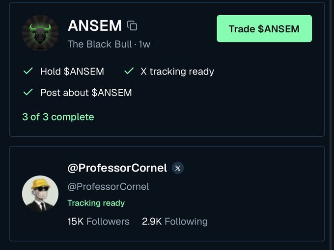 A profile card for "ANSEM - The Black Bull" shows all three tasks complete (Hold $ANSEM, X tracking ready, Post about $ANSEM) alongside a verified @ProfessorCornel X account with "Tracking ready" status and 15K followers/2.9K following, illustrating the updated X tracking infrastructure mentioned in the BullpenFi post.