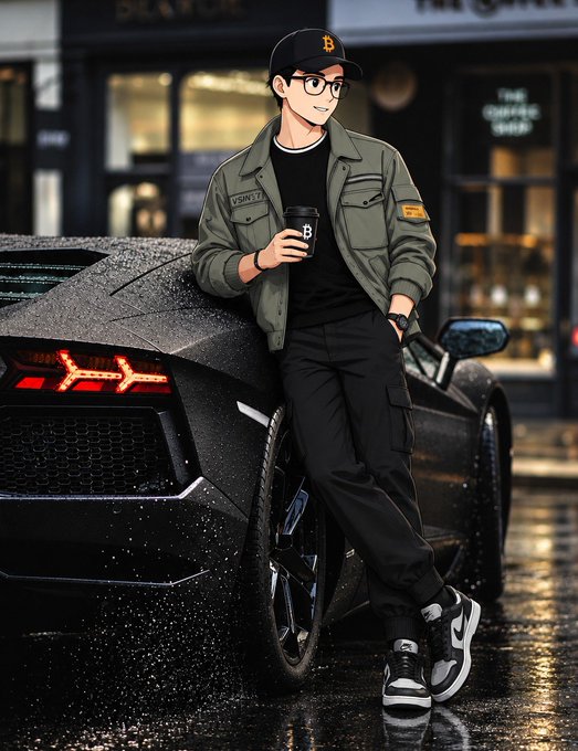 A stylized illustration of a man wearing glasses, a cap, and a green jacket, leaning against a black Lamborghini while holding a coffee cup.